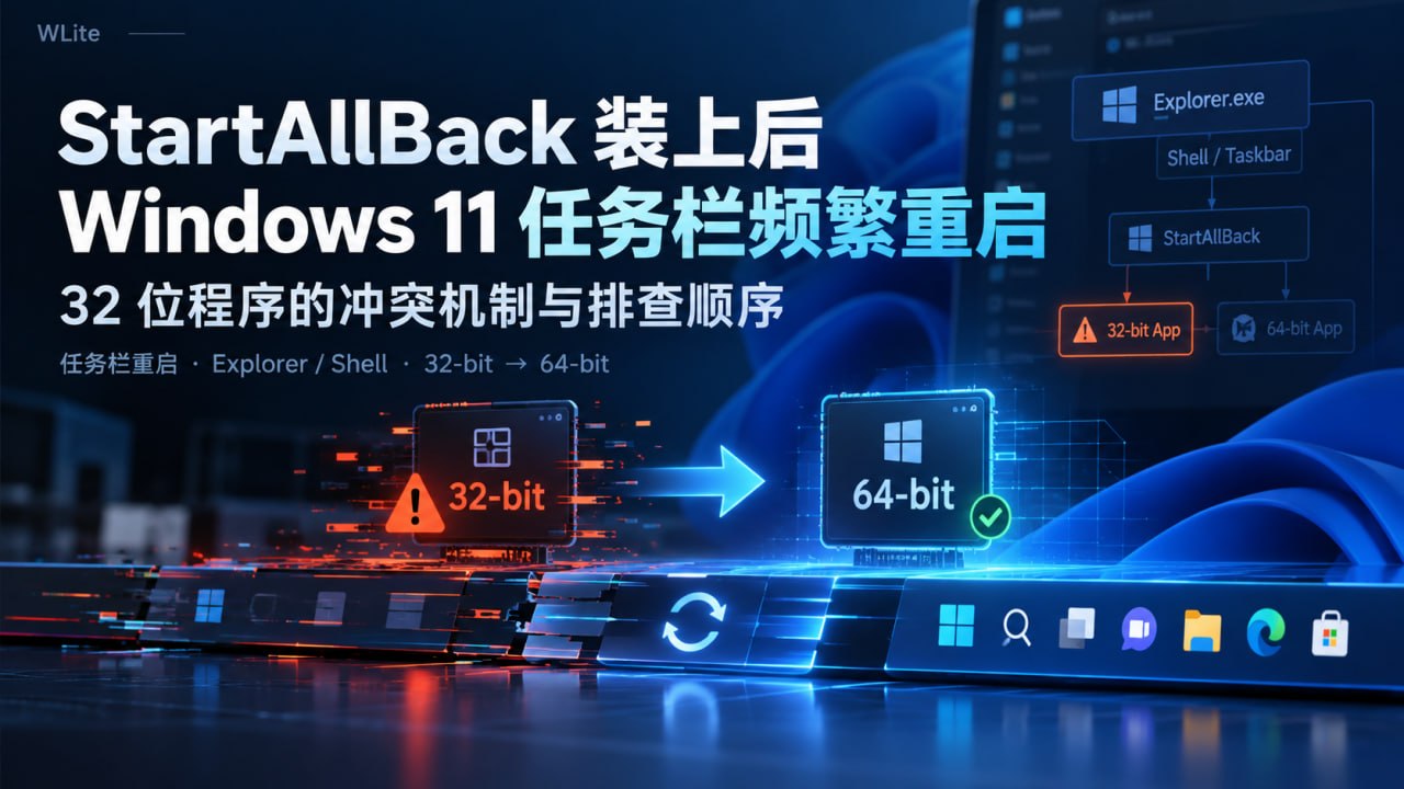 StartAllBack 装上后 Windows 11 任务栏频繁重启:32 位程序的冲突机制与排查顺序(封面)