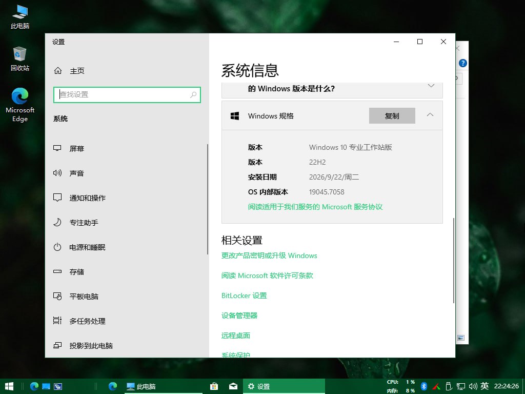 系统信息:Windows 10 专业工作站版 22H2,Build 19045.7058