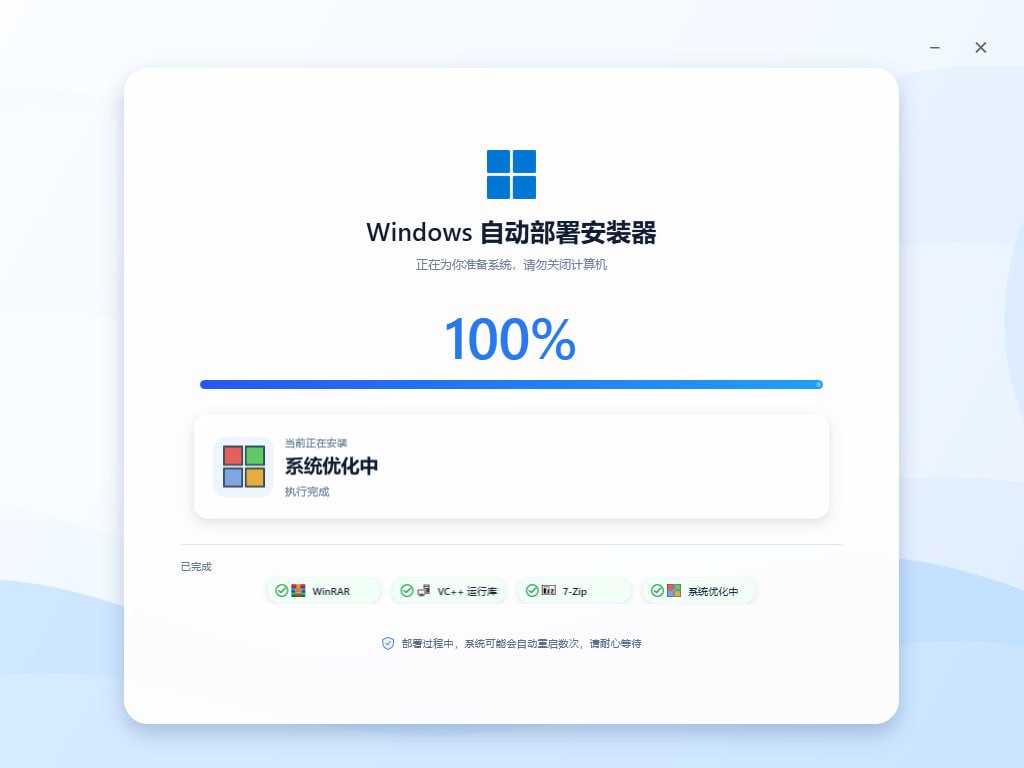 Windows 自动部署安装器:组件安装与系统优化已完成